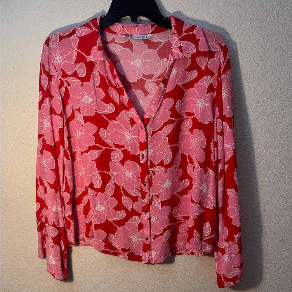 Zara Red and Pink Floral Button Down Shirt